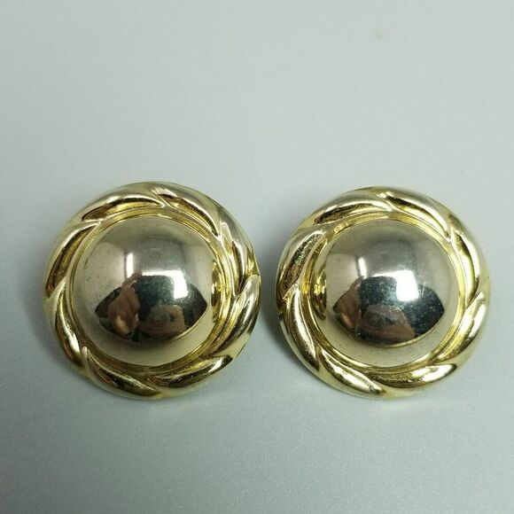 Vintage Gold Tone Dome Shape Clip On Earrings, 80s 90s Retro Style, Estate - Picture 2 of 7